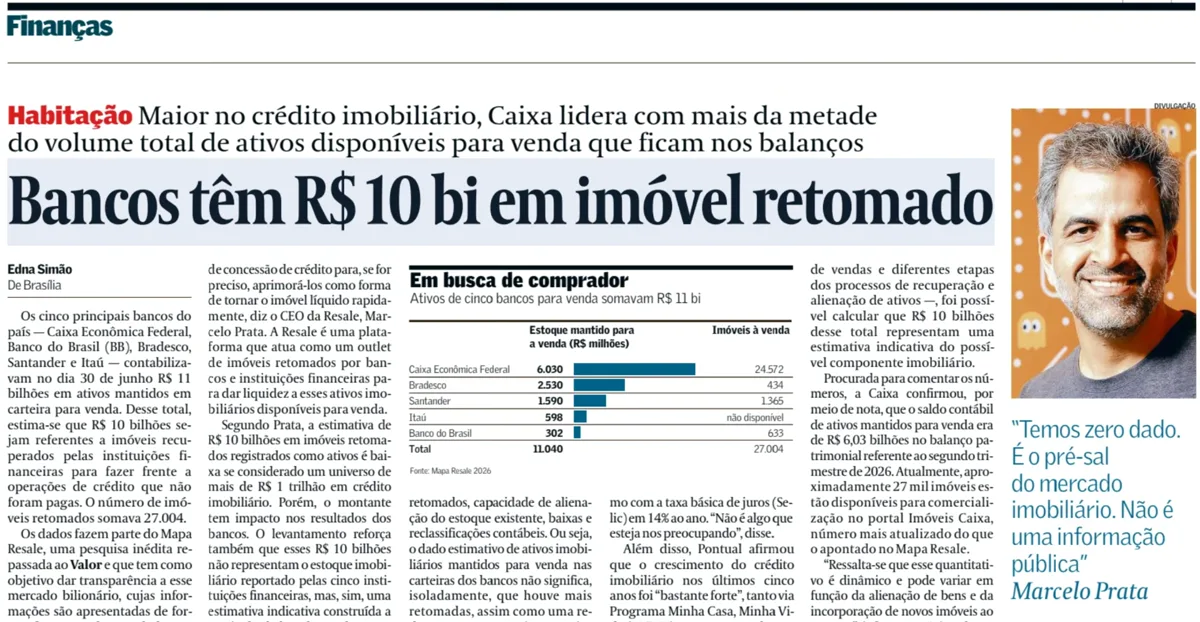 Recorte da matéria do Valor Econômico sobre imóveis retomados, com dados do Mapa Resale e declaração de Marcelo Prata